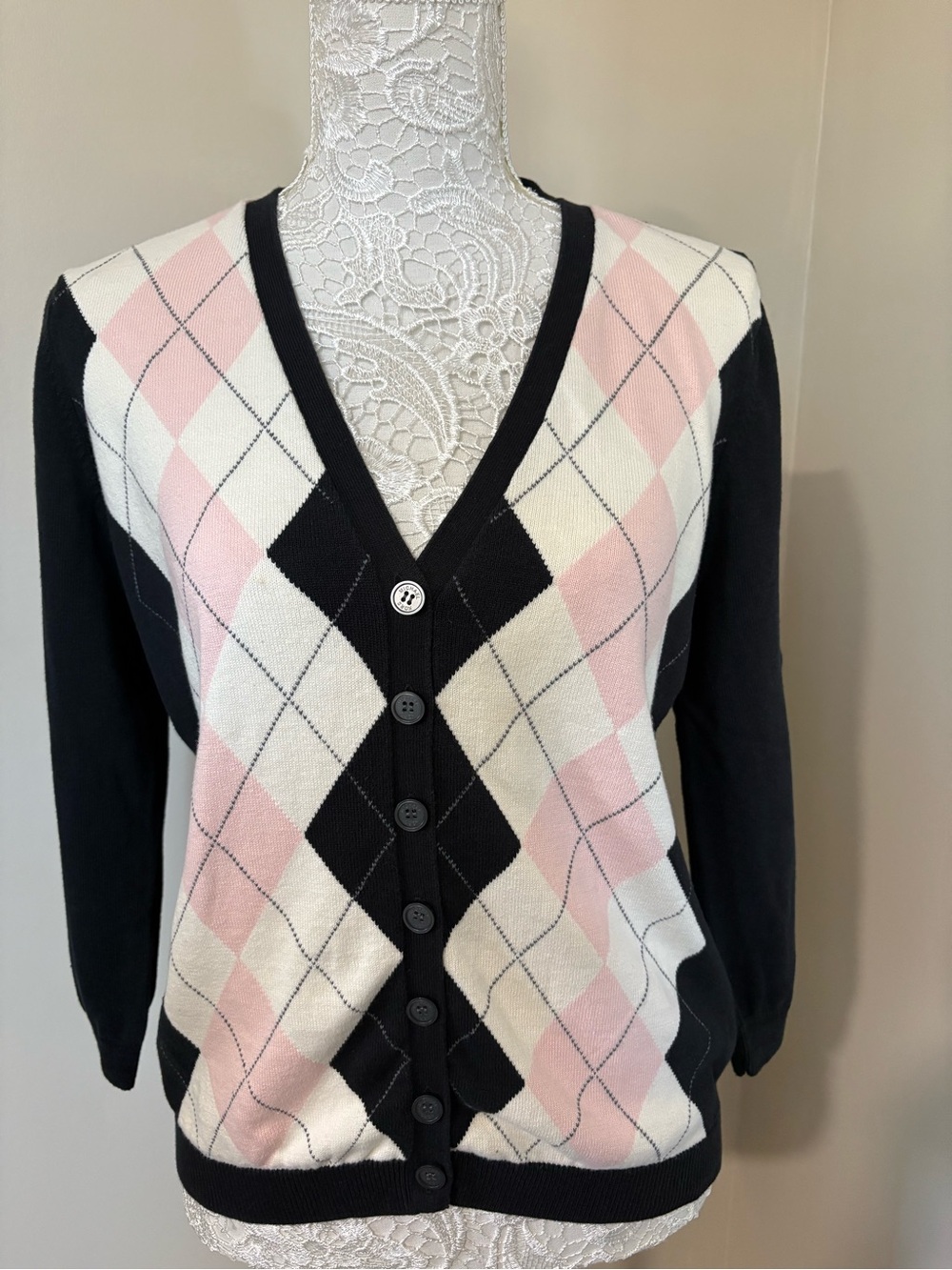 Michael Kors Black, Pink & Cream Argyle V-Neck Cardigan 100% Cotton XL